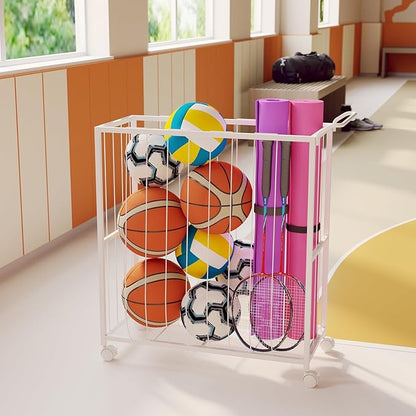 Ball Storage Bin Rolling Sports Ball Cart, Metal Garage Organizer Sport Rack, Ball Basket Storage