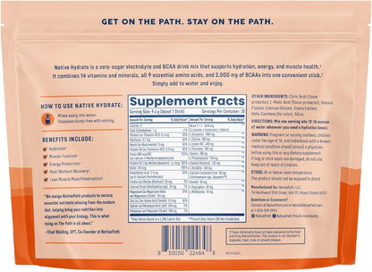 NativePath Native Hydrate Stick Packs, Sugar Free Electrolytes Powder with BCAAs, Peach Mango