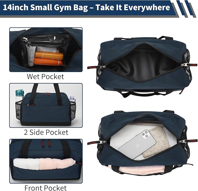 Small Gym Bag with Wet Pocket - 14 inch Mini Duffle Bag for Men & Women Lightweight Carry On Bag