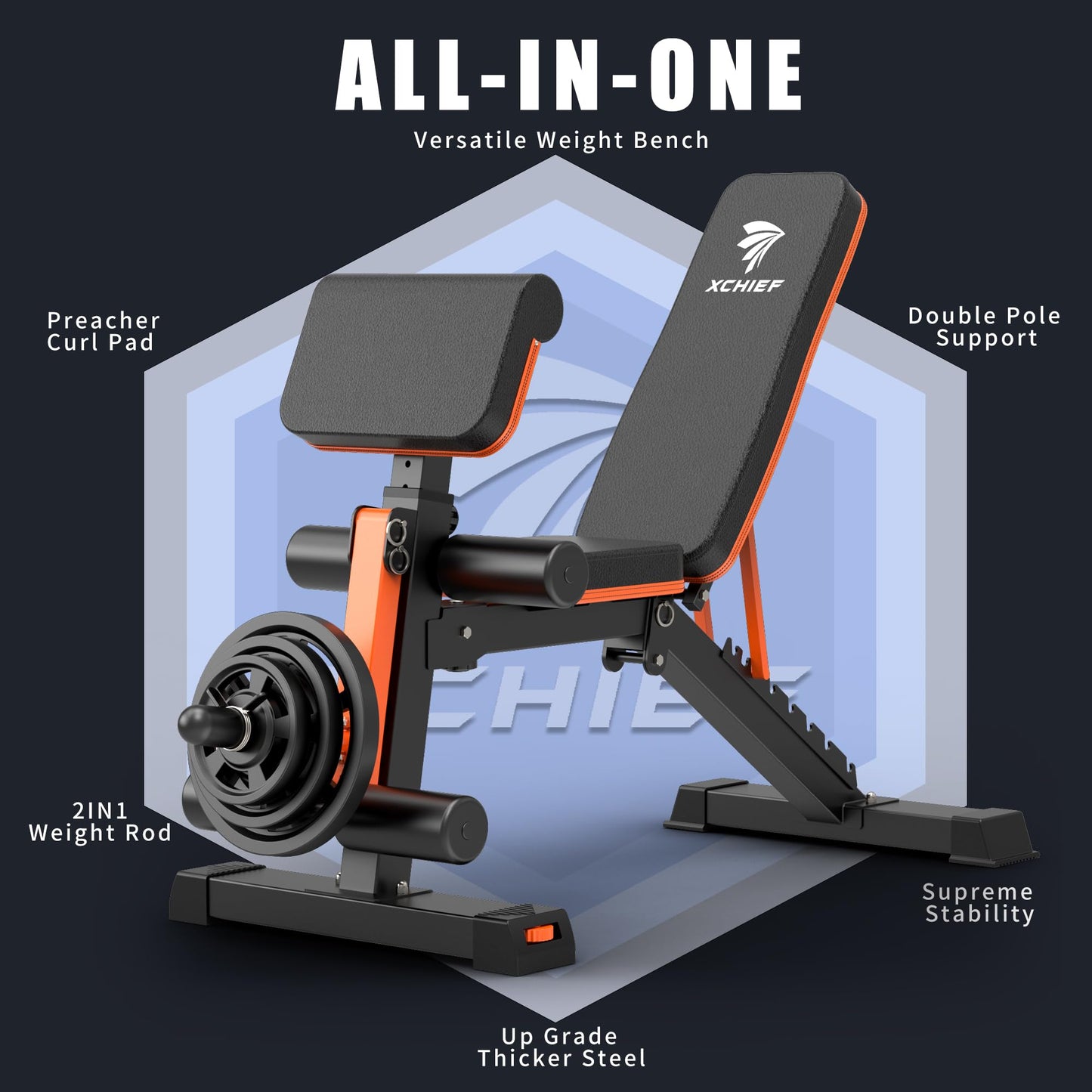 XCHIEF Adjustable Weight Bench with Leg Extension and Preacher Pad, 1000LBS
