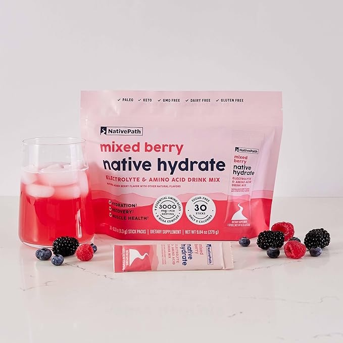 NativePath Native Hydrate Stick Packs, Sugar Free Electrolytes Powder with BCAAs, Mixed Berry