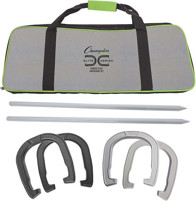 Champion Sports Horseshoe Set: Traditional Outdoor Lawn Game includes Four Professional Solid Steel