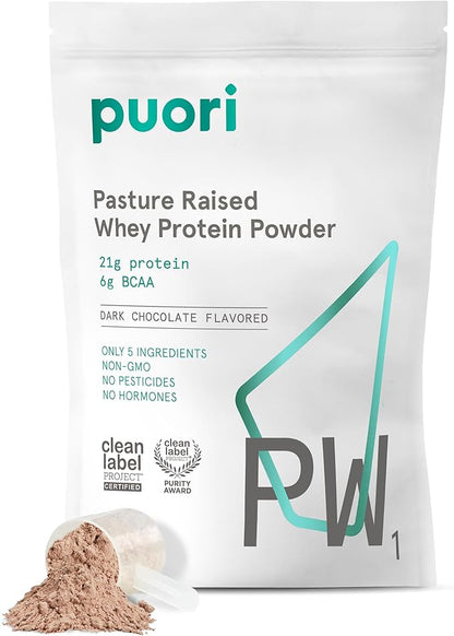Puori Whey Protein Powder - Dark Chocolate - PW1 Pasture Raised, Grass-Fed & Non-GMO - 100% Natural