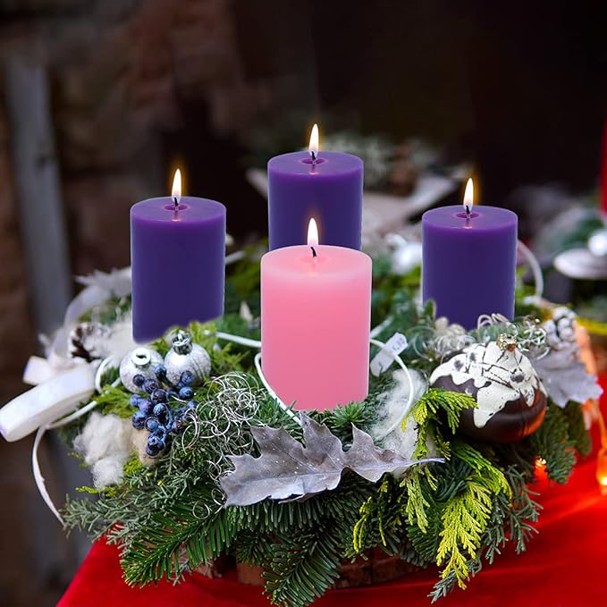 2x3 Inch Advent Pillar Candles Set of 4 Unscented Dripless Purple Pink Candles for Christmas