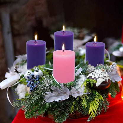 2x3 Inch Advent Pillar Candles Set of 4 Unscented Dripless Purple Pink Candles for Christmas