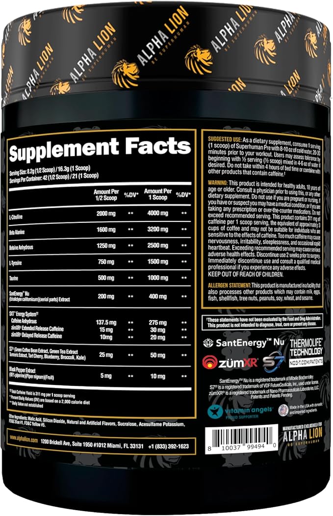 ALPHA LION Superhuman Pre Workout Powder, Beta Alanine, L-Taurine & Tri-Source Caffeine for