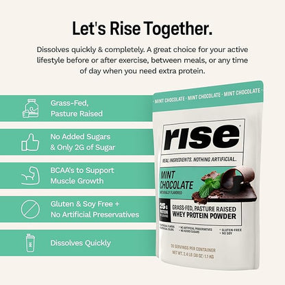 Rise Grass-Fed Whey Protein Powder - Mint Chocolate | 25g Protein No Artificial Flavors, Colors, or