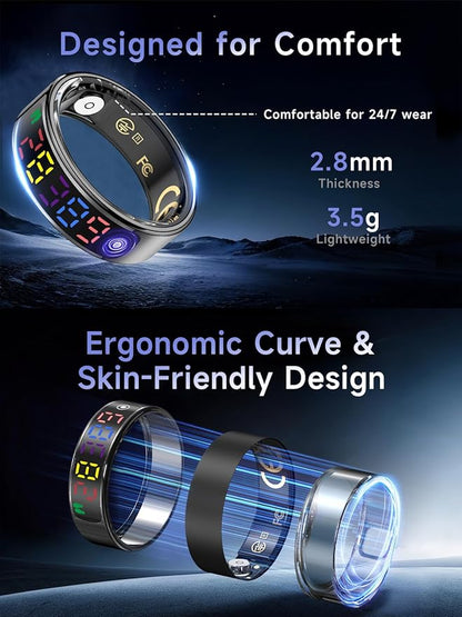 Smart Ring for Women Men, Health Ring with Colorful Display, Fitness Tracker with Heart Rate, Blood