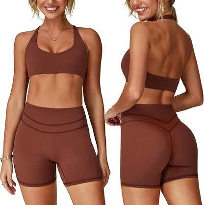 Two piece yoga short set for women with Halter top and gym short Matching workout sets for