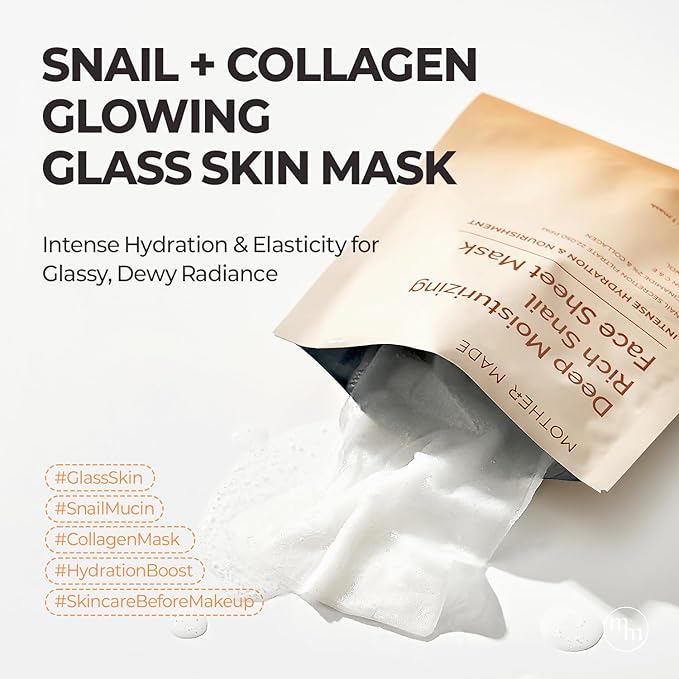 MOTHER MADE Glowing Glass Skin Hydrating Snail Deep Collagen Face Masks 10 EA, with Niacinamide 2%