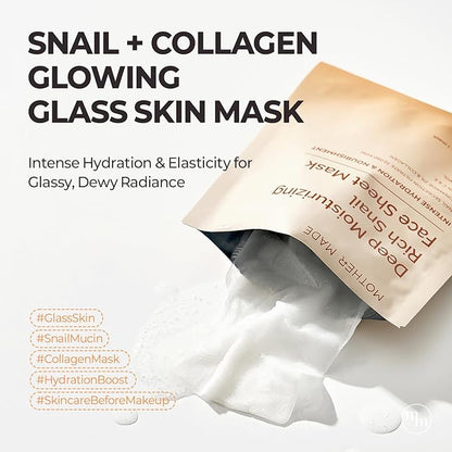 MOTHER MADE Glowing Glass Skin Hydrating Snail Deep Collagen Face Masks 10 EA, with Niacinamide 2%