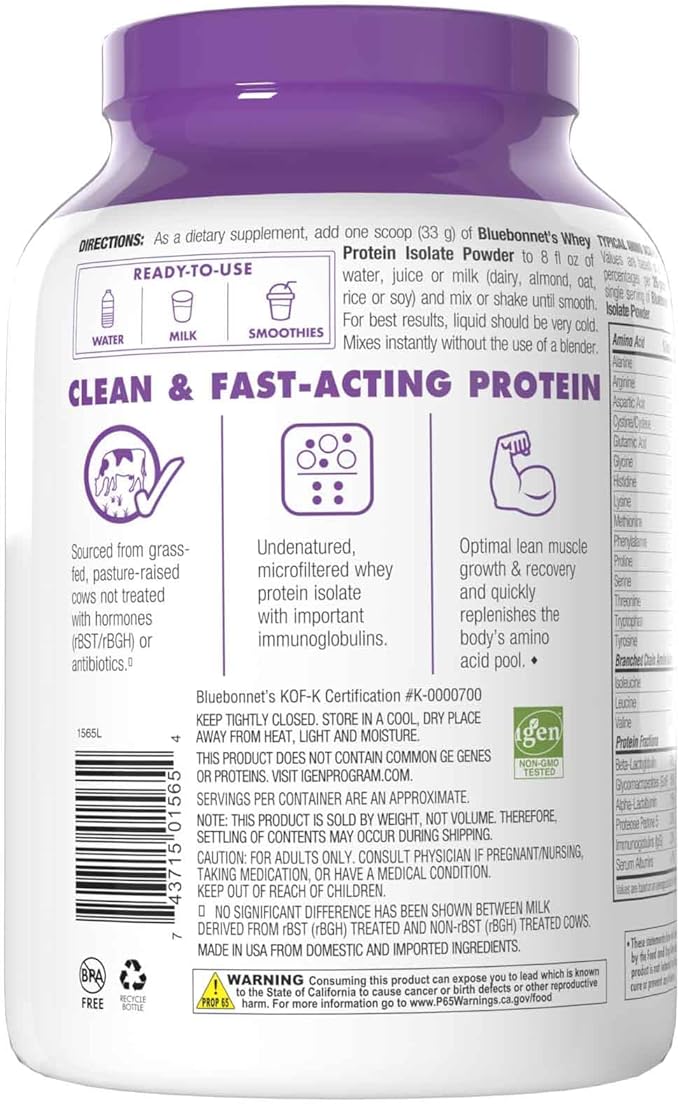 BlueBonnet Nutrition Whey Protein Isolate Powder From Grass Fed Cows, 26g of Protein, No Sugar