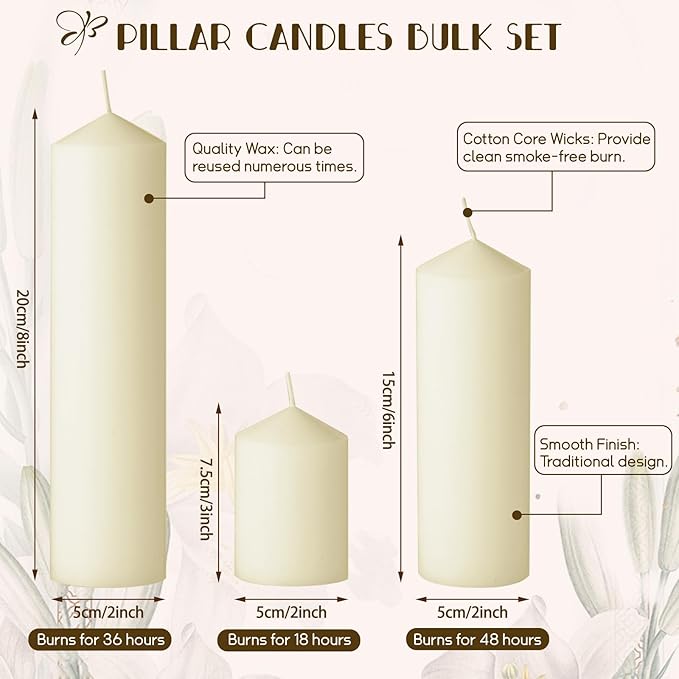 36PC Lvory Pillar Candles Bulk 2 in x 3, 6, 8 Inch Long Burning Wax Pillar Candles Unscented