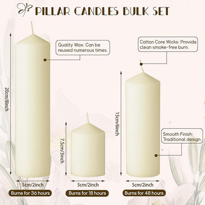36PC Lvory Pillar Candles Bulk 2 in x 3, 6, 8 Inch Long Burning Wax Pillar Candles Unscented