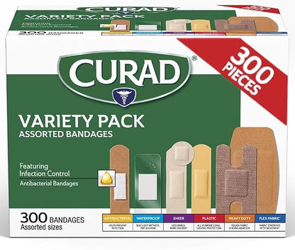 CURAD Assorted Bandages Variety Pack, 300 Count, 6 Styles Including Antibacterial, Waterproof