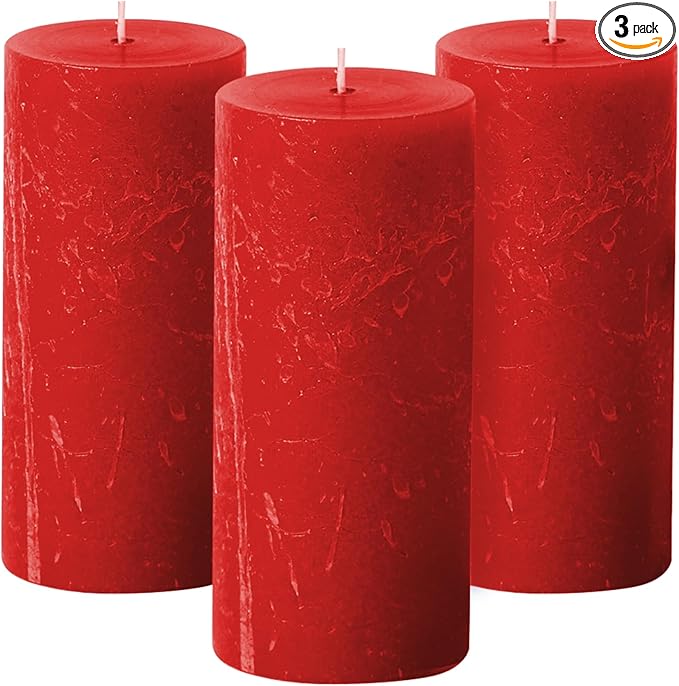 Simply Soson 3x6 inch Red Pillar Candles Set of 3, Rustic Texture, Unscented Red Candles, Dripless