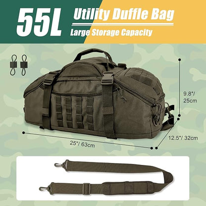 55L Large Travel Gym Duffle Bag Military Tactical Backpack, Army Pack 3 Day Bug Out Bag Rucksack
