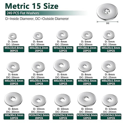 Fender Washers, 520 Pcs SAE + Metric 23 Sizes Flat Washers Assortment Set, 304 Stainless Steel