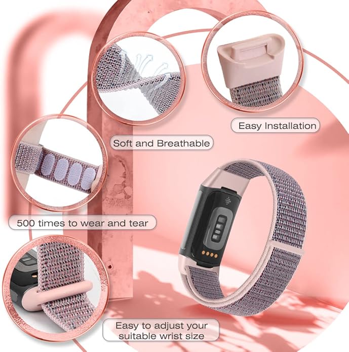 Sport Loop Nylon Watch Bands Compatible with Fitbit Charge 6/5, Adjustable Breathable Replacement