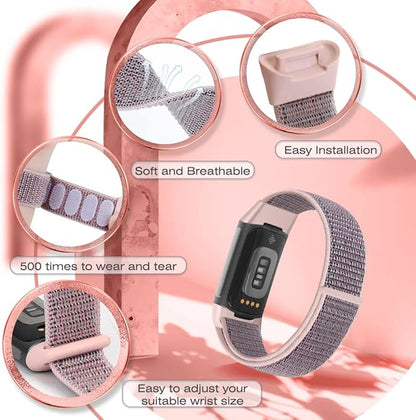 Sport Loop Nylon Watch Bands Compatible with Fitbit Charge 6/5, Adjustable Breathable Replacement
