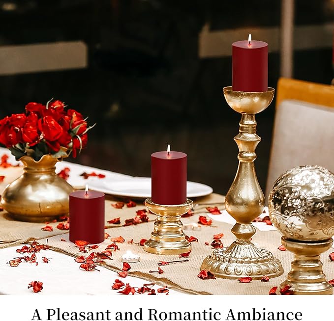 KONNI Dark Red Pillar Candles Set of 3, 3"x 6" Unscented Pillar Candles Bulk, 56 Hours Long Burning