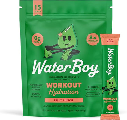 Waterboy Workout Hydration | 2,960mg Sugar Free Electrolyte Powder Packets | L-Glutamine + Vitamins
