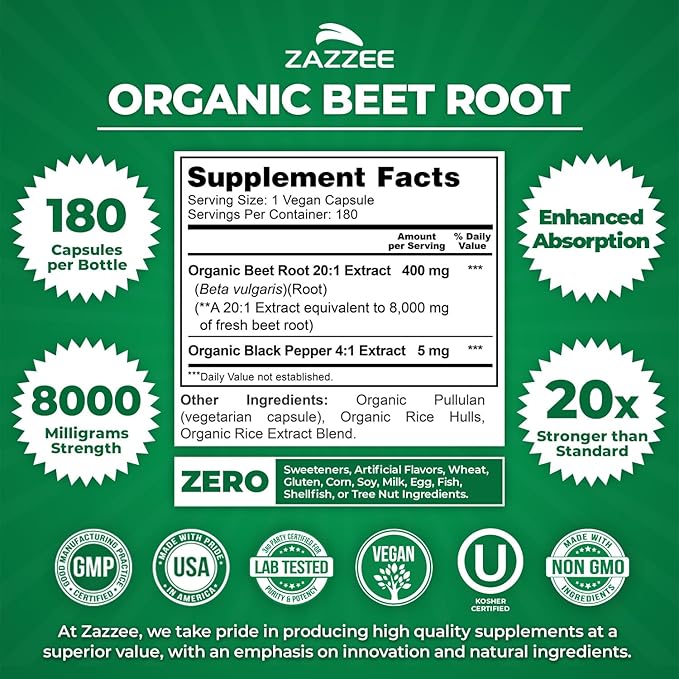 Zazzee USDA Organic Beet Root 8000 mg Strength 20:1 Extract, 180 Vegan Quick Release Capsules