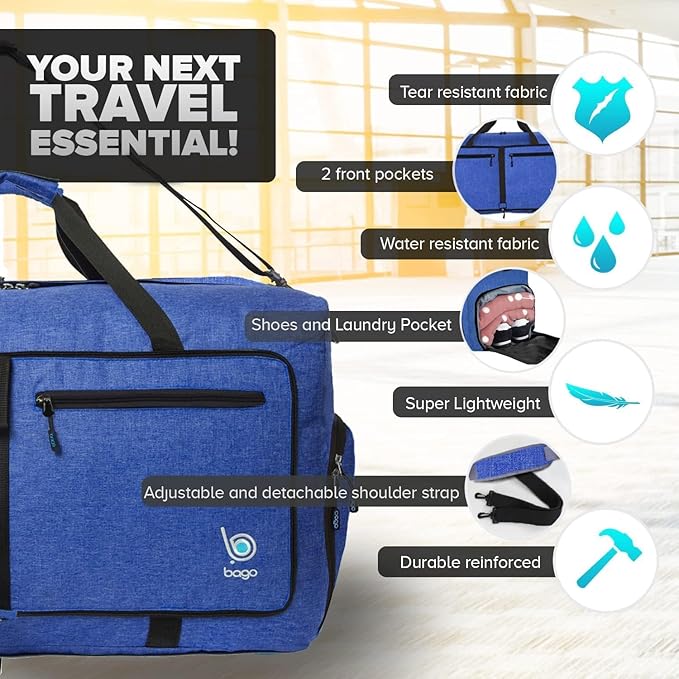 Bago Foldable Duffel Bags for Traveling Women & Men - 60L Medium Packable Duffle Bag for Travel