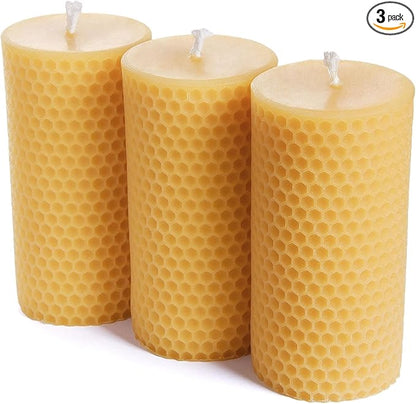 Pure Natural Beeswax Pillar Candles - Pack of 3 - Honeycomb Surface, No Scent- for