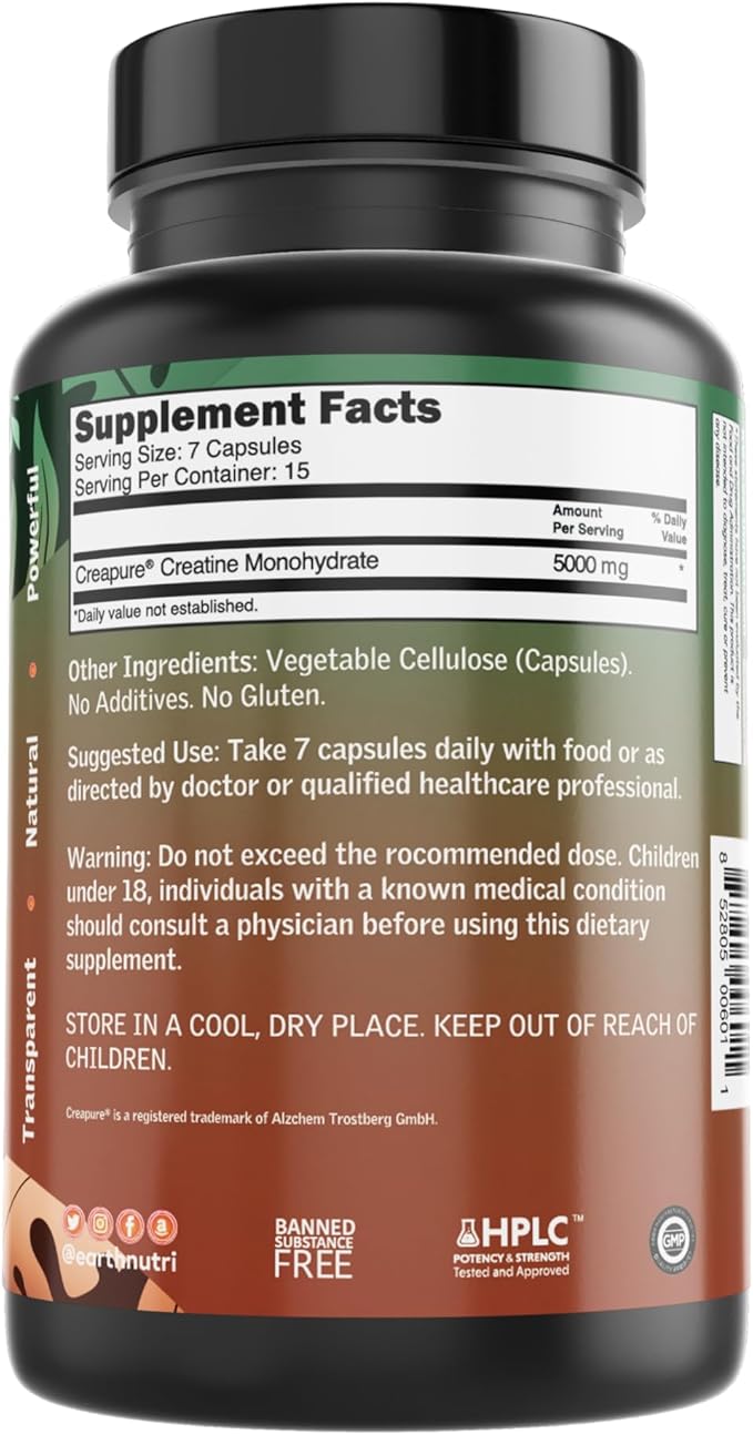 EarthNutri Creatine Monohydrate Capsules - Micronized for Better Absorption - Supports Muscle