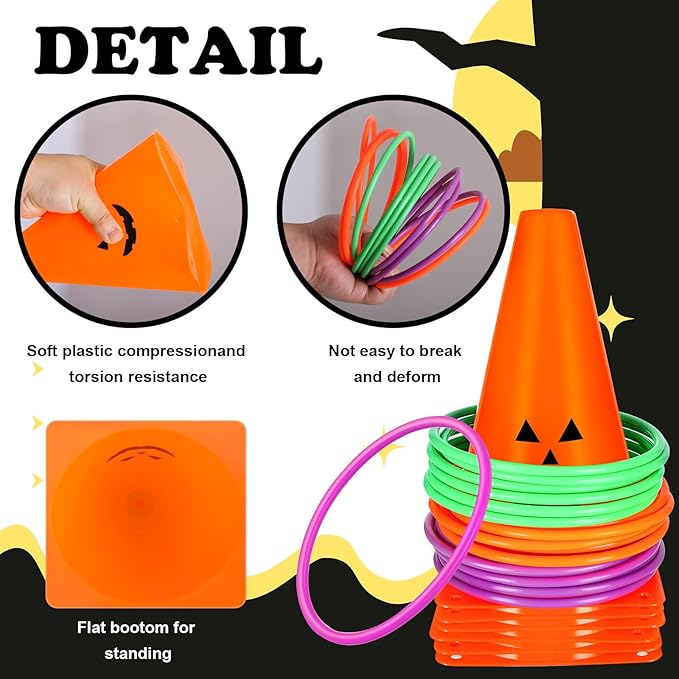 24 PcsHalloween Ring Toss Game Outdoor Carnival Party Games Include 6 Plastic Cones 18 Toss Rings