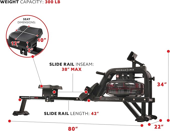 Sunny Health & Fitness Premium Water Rower w/Intensive Dynamic Real-Time Resistance, 300 LB