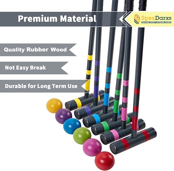 Six Player Deluxe Croquet Set, 35'' Croquette Game with Premium Wooden Mallets/Colored