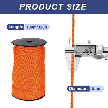 MECCANIXITY 3/16 Inch Polypropylene Rope Braided Ropes, 328ft Nylon Rope Hollow Utility Cord for