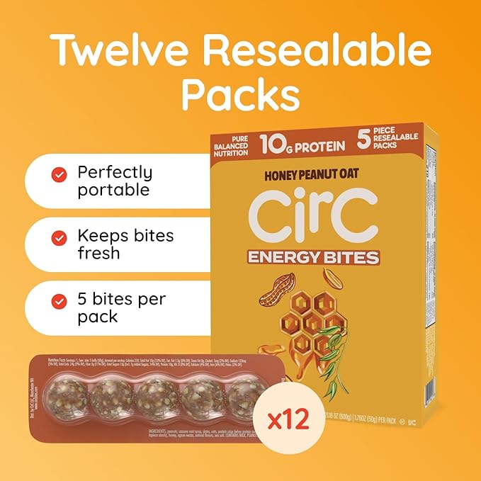 CirC Energy Bites - 12 Pack Honey Peanut Oat Gluten Free Protein Balls - 10g Protein, Whole Grains