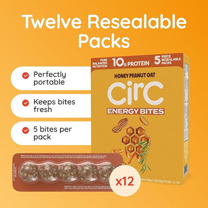 CirC Energy Bites - 12 Pack Honey Peanut Oat Gluten Free Protein Balls - 10g Protein, Whole Grains