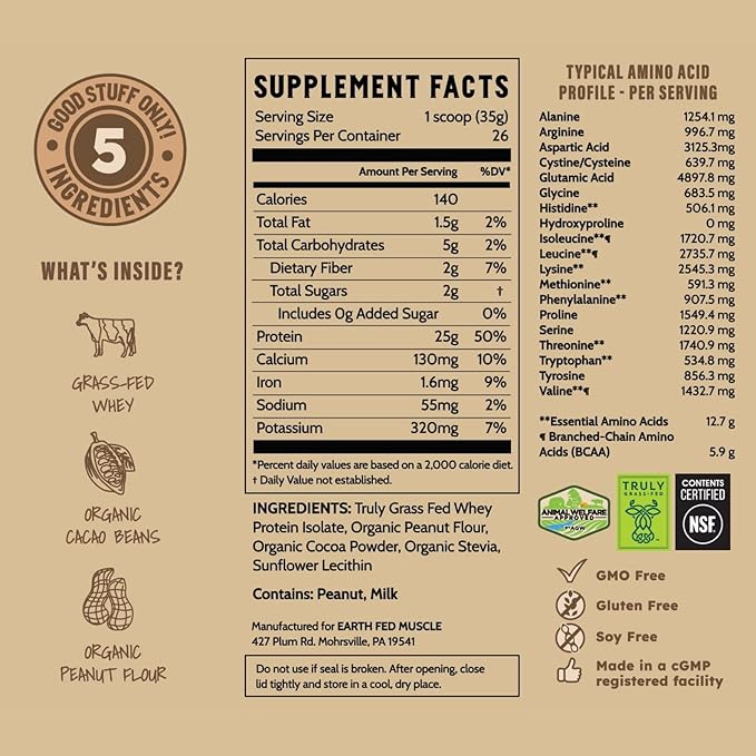 Earth Fed Muscle Power Couple Peanut Butter Chocolate Truly Grass Fed Whey Protein Isolate