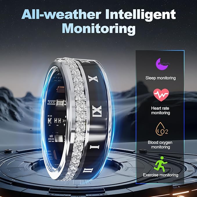 Diamond-encrusted Smart Health Ring for Men and Women - Fitness Tracker with Heart Rate, Blood