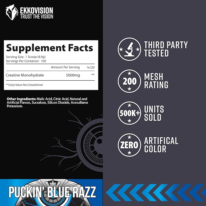 Ekkovision Creatine Monohydrate Powder, Micronized, Puckin' Blue Razz, Pre Workout & Post Workout