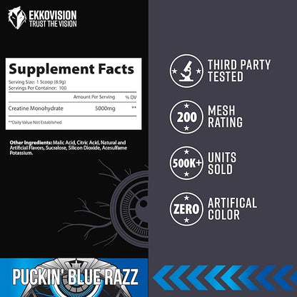 Ekkovision Creatine Monohydrate Powder, Micronized, Puckin' Blue Razz, Pre Workout & Post Workout