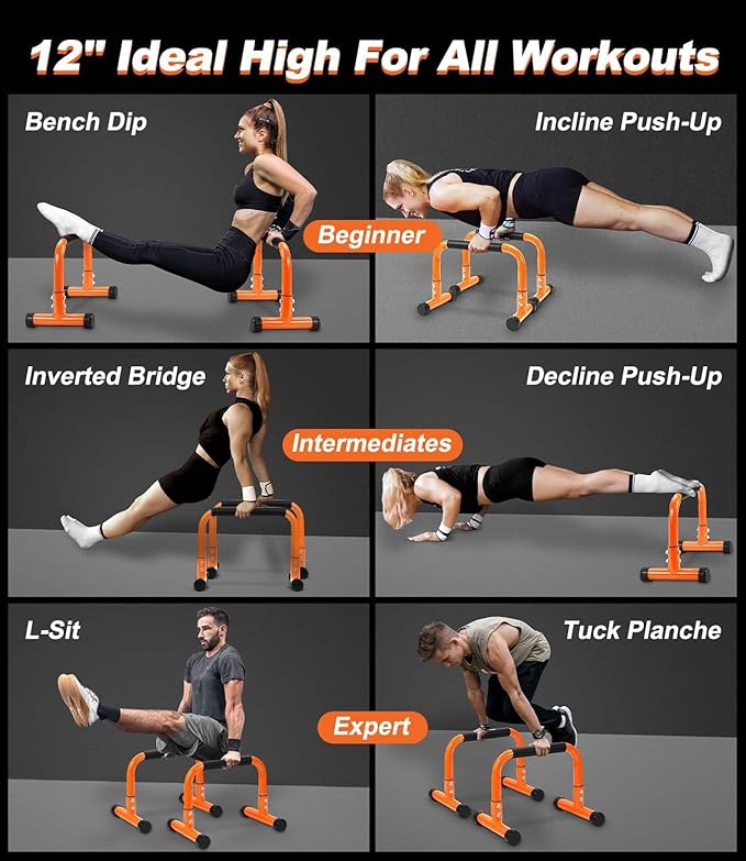Push Up Bar, 12 Inch High Non-Slip Parallettes Bars & Dip Bars With Foam Handles, Heavy-Duty No