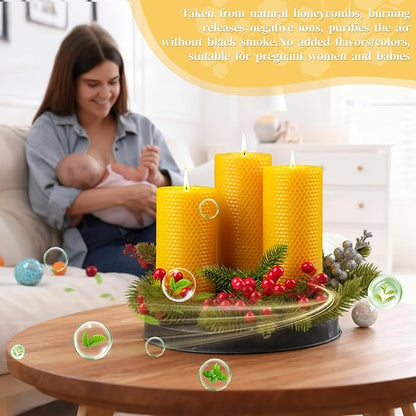 6 Pack Natural Beeswax Pillar Candles,2.8x6in Handmade Beeswax Rolled Candles,258 Hours Long