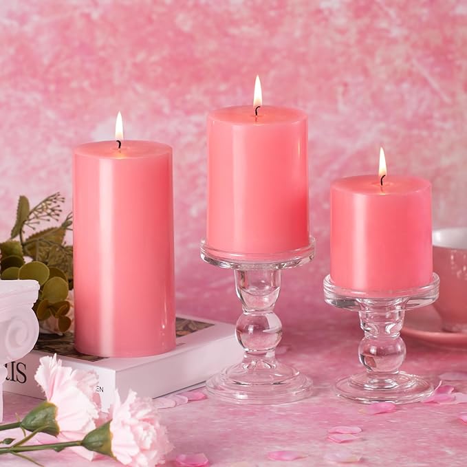 KONNI Pink Pillar Candles Set of 3, 3"x 3" Unscented Pillar Candles Bulk, 30 Hours Long Burning