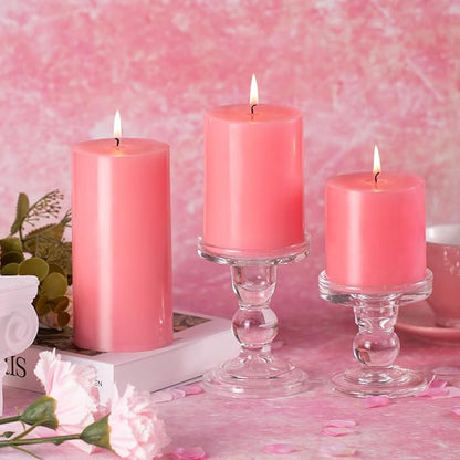 KONNI Pink Pillar Candles Set of 3, 3"x 3" Unscented Pillar Candles Bulk, 30 Hours Long Burning