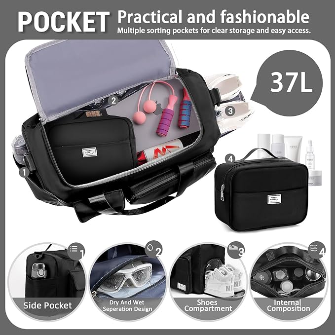 FIORETTO Women's Gym Duffle Bag with Shoes Compartment, 37L Capacity, Ideal for Travel, Gym