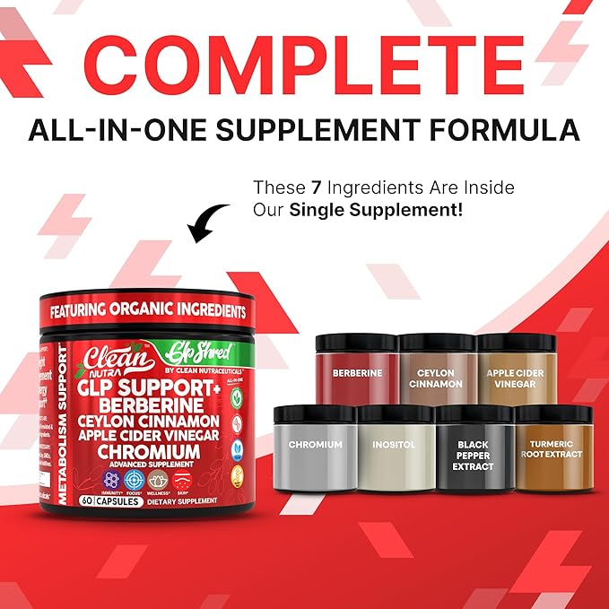 GLP1 Supplement Berberine Ceylon Cinnamon Apple Cider Vinegar Chromium Turmeric PCOS Supplements