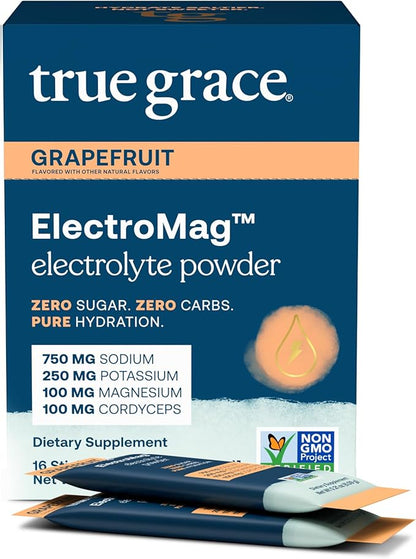 True Grace ElectroMag - 16 Stick Packs - Grapefruit - Electrolyte Powder for Rapid Hydration