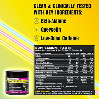 BODi Energize Pre Workout Powder - Beta-Alanine, Quercetin & Low-Dose Caffeine Formula for Enhanced