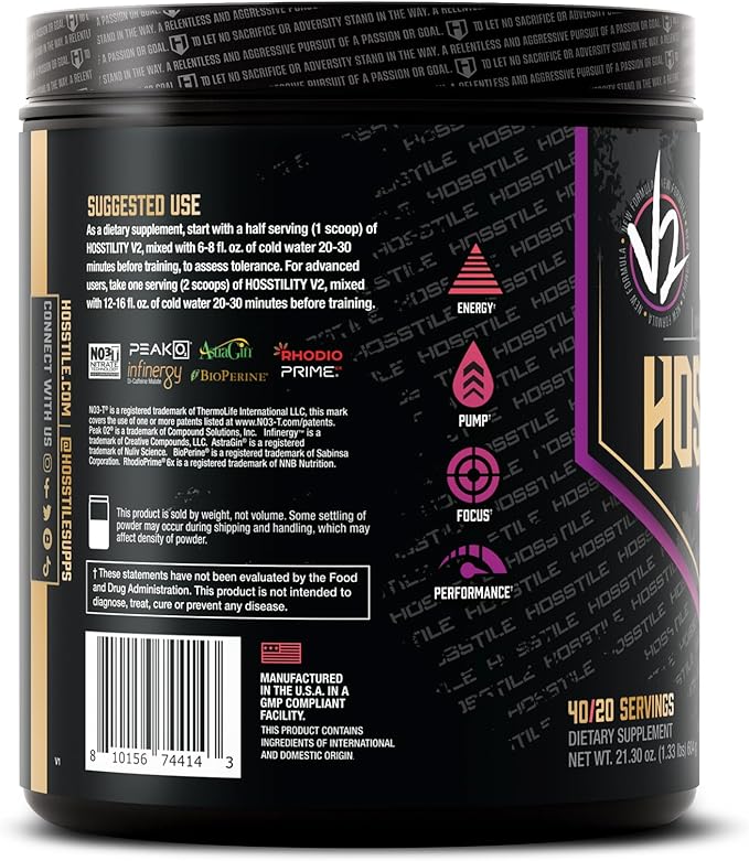 HOSSTILE Hosstility V2 Pre Workout, All-in-One Pre Workout Powder for Men and Women, Enhance Muscle