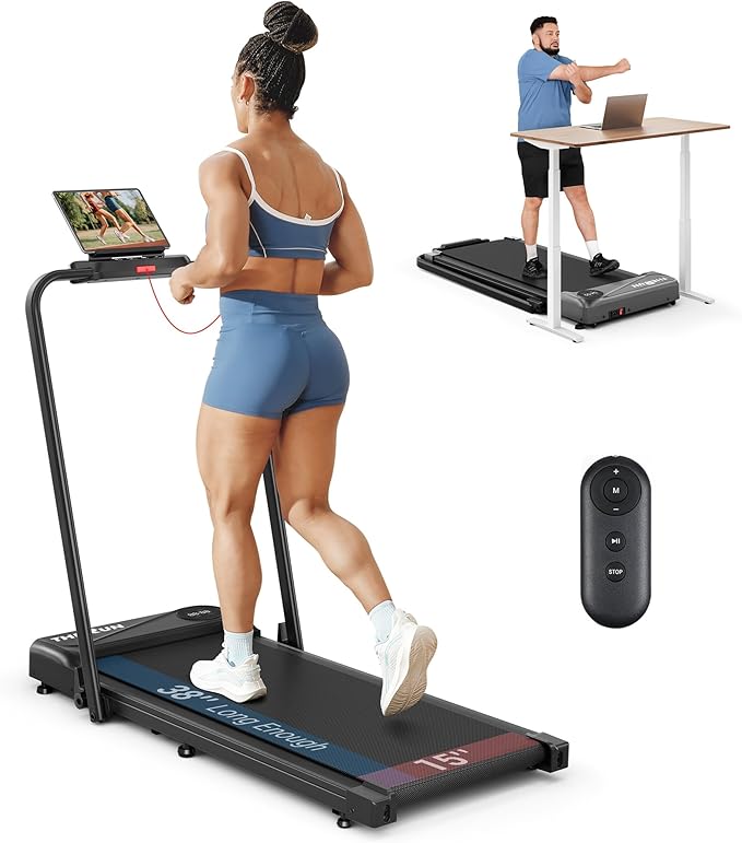 THERUN Walking Pad, 2 in 1 Foldable Treadmills for Home, 2.5HP Under Desk with Handle Bar, 16"